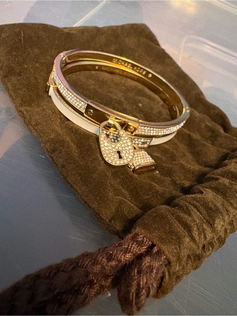 2 Michael Kors Gold and White Crystal Padlock Bangle Bracelet - Women's Jewelry